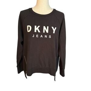 DKNY Womens Size LARGE Graphic Sweatshirt Pullover Black Zippers EUC